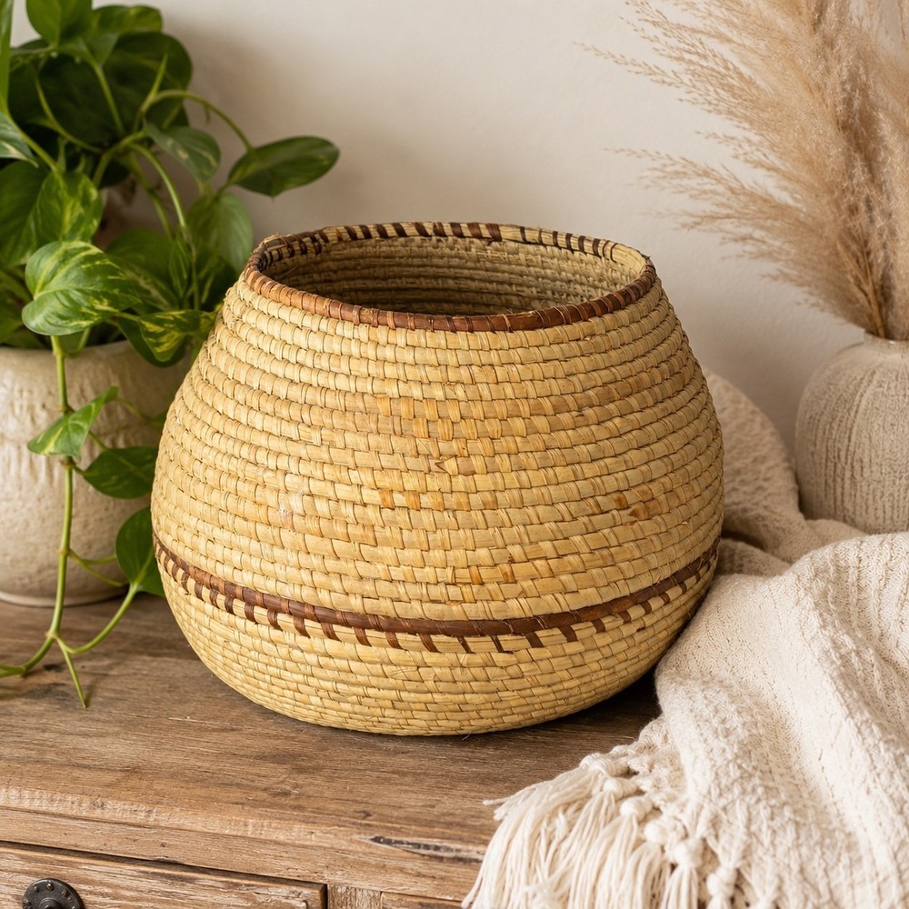 Vintage Handwoven Coil Basket Large Tan Brown Boho Decor Folk Art Size 11in Wide